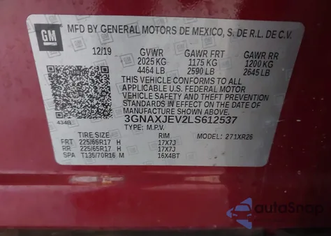 2020 Chevrolet Equinox Fwd 2Fl z USA, uszkodzony, nr VIN 3GNAXJEV2LS612537